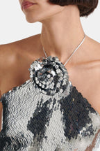 Flowering Girl Women Cinwa Floral Appliqué Halter Sequin Mini Dress - Silver