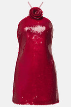 Flowering Girl Women Cinwa Floral Appliqué Halter Sequin Mini Dress - Red