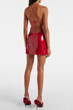 Flowering Girl Women Cinwa Floral Appliqué Halter Sequin Mini Dress - Red