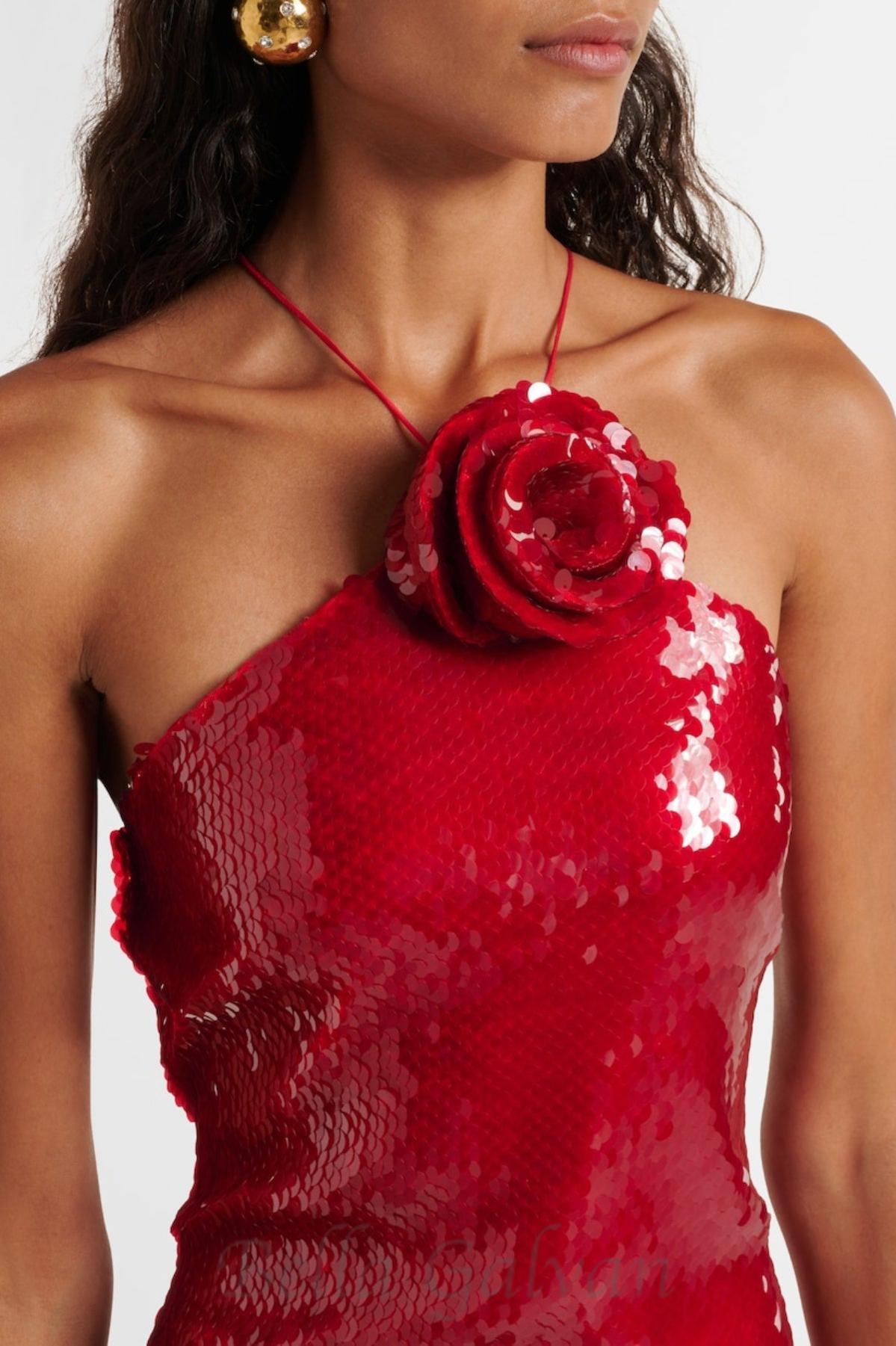 Flowering Girl Women Cinwa Floral Appliqué Halter Sequin Mini Dress in Red