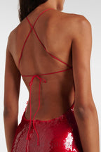 Flowering Girl Women Cinwa Floral Appliqué Halter Sequin Mini Dress in Red