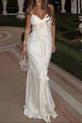 Flowering Girl Women Spaghetti Strap Ruched 3D Flower Ruffle Satin Mermaid Maxi Dress