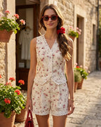 Hollow floral print ves & shorts two-piece set
