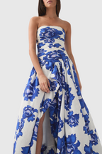 Flowering Girl Women Coleka Floral Print Strapless Ruched Maxi Dress - Blue