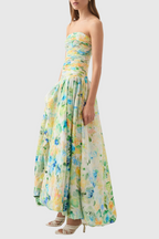 Flowering Girl Women Coleka Floral Print Strapless Ruched Maxi Dress - Green