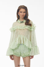 vanessa Mint Green Floral Lace Ruffled Top & Shorts Set