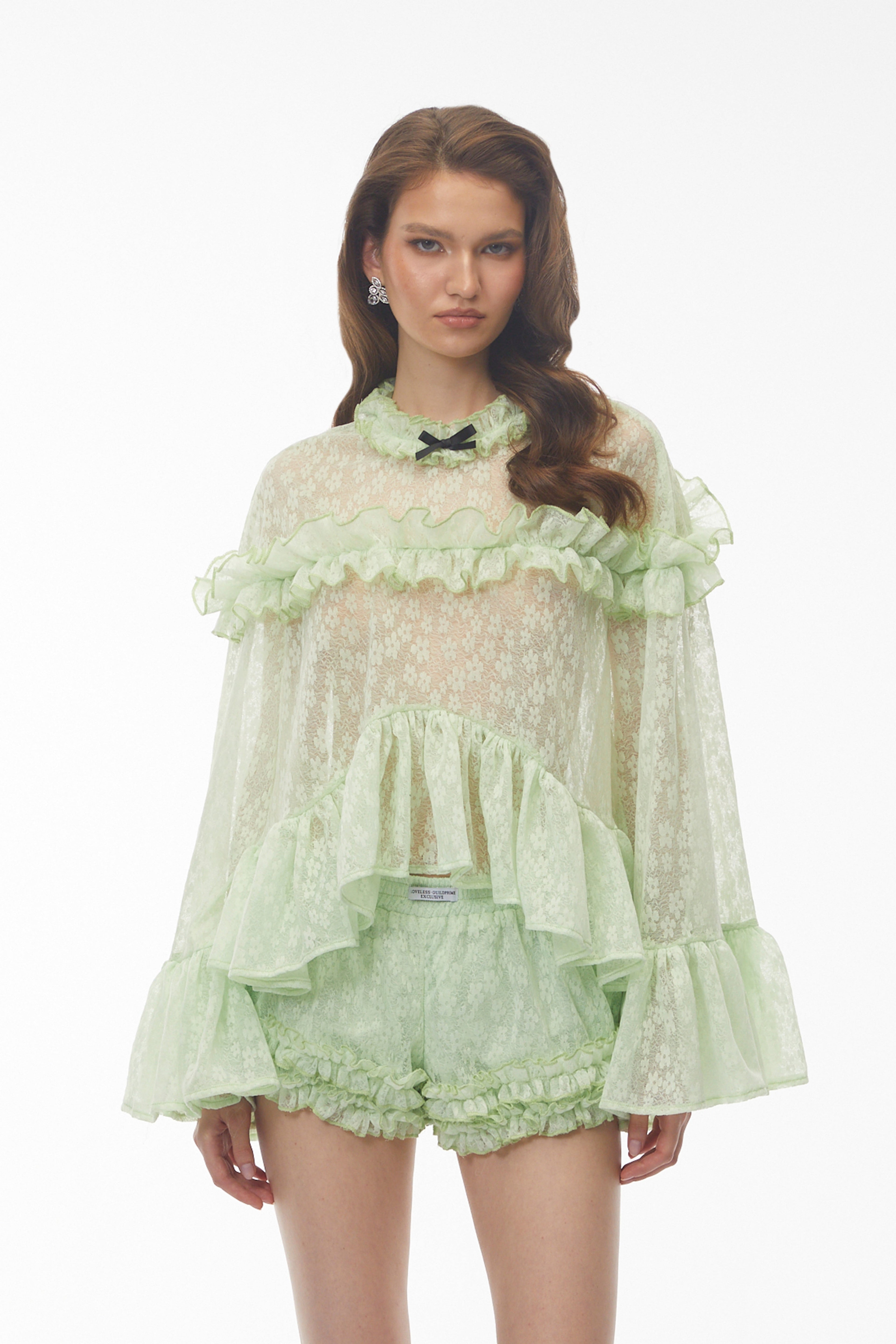 Vanessa Mint Green Floral Lace Ruffled Top & Shorts Set