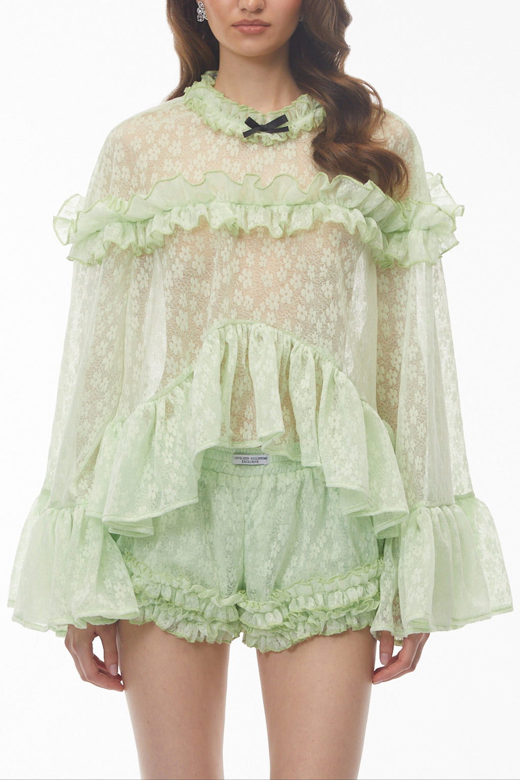 vanessa Mint Green Floral Lace Ruffled Top & Shorts Set