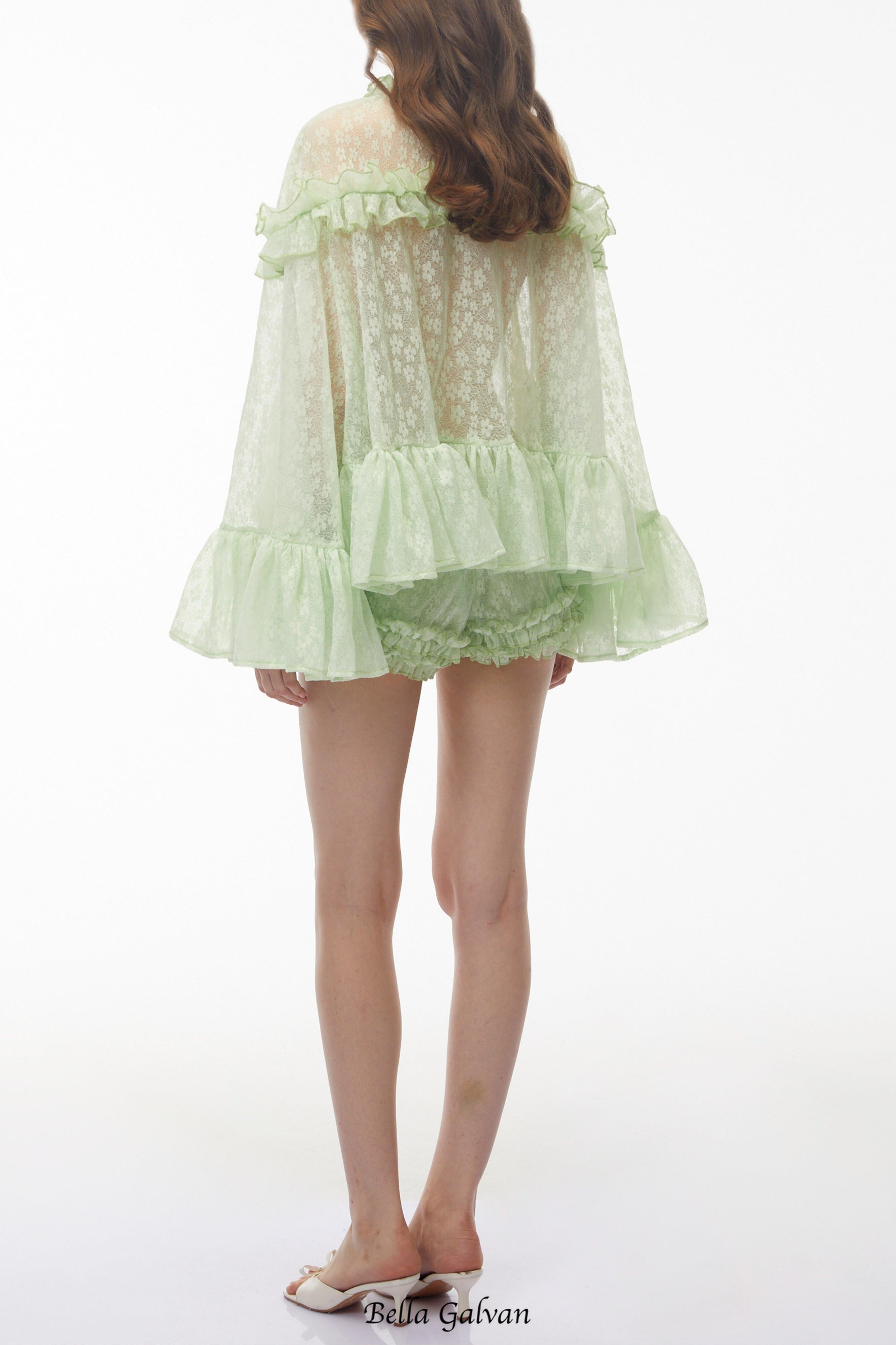 vanessa Mint Green Floral Lace Ruffled Top & Shorts Set