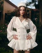 zenobia Large lapel button puff sleeve tutu mini dress in white