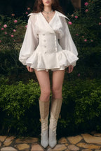 Flowering Girl Women Zenobia Large Lapel Button Puff Sleeve Tutu Mini Dress In White