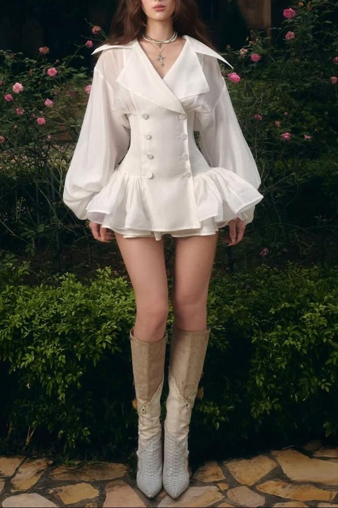Flowering Girl Women Zenobia Large Lapel Button Puff Sleeve Tutu Mini Dress In White