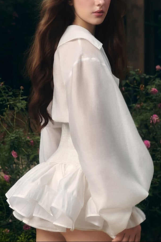 Flowering Girl Women Zenobia Large Lapel Button Puff Sleeve Tutu Mini Dress In White