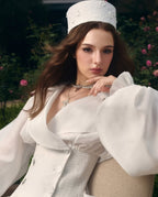 Flowering Girl Women Zenobia Large Lapel Button Puff Sleeve Tutu Mini Dress In White