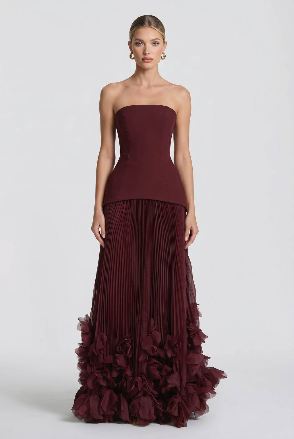 Strapless Burgundy Pleated Maxi Gown With 3D Floral Ruffle Hem