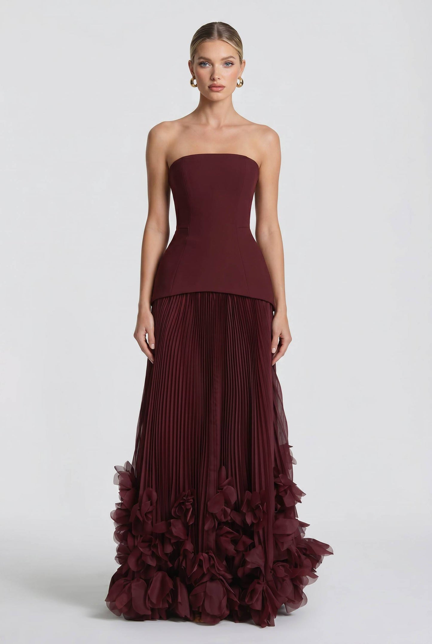Strapless Burgundy Pleated Maxi Gown With 3D Floral Ruffle Hem