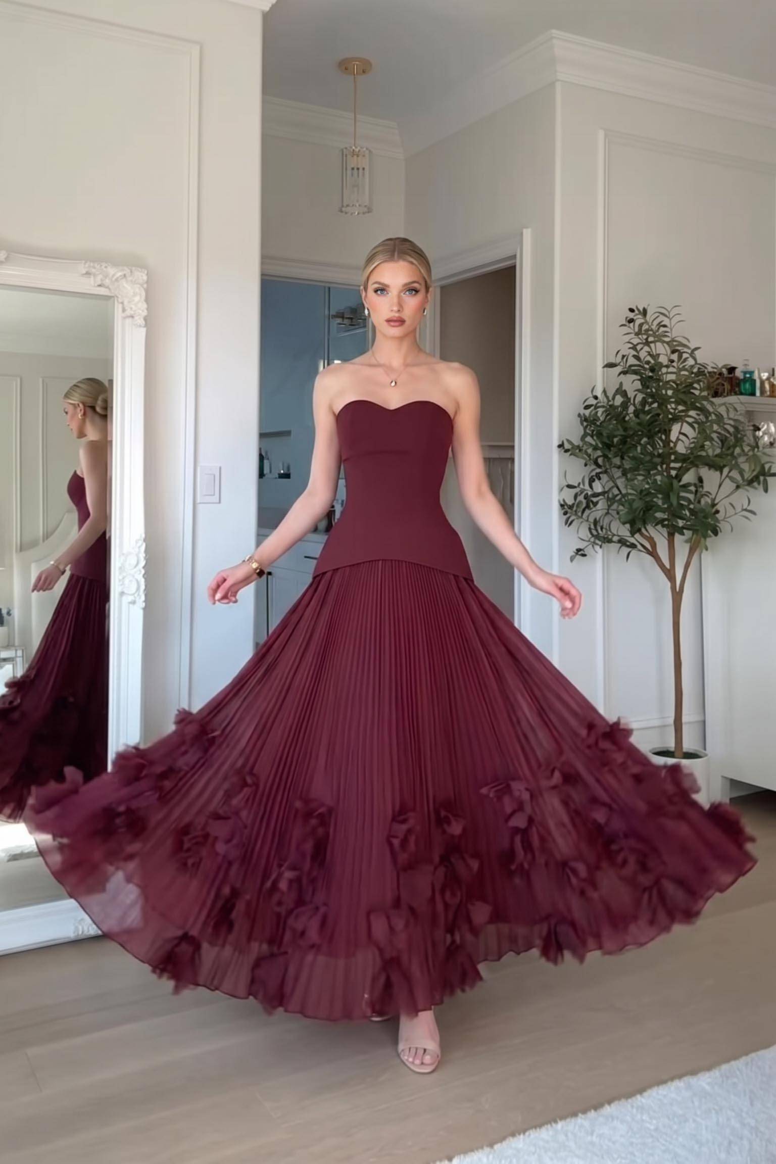 Strapless Burgundy Pleated Maxi Gown With 3D Floral Ruffle Hem