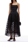 Flowering Girl Women Black Spaghetti Strap Pleated Bodice Floral Cutout Lace Midi Dress