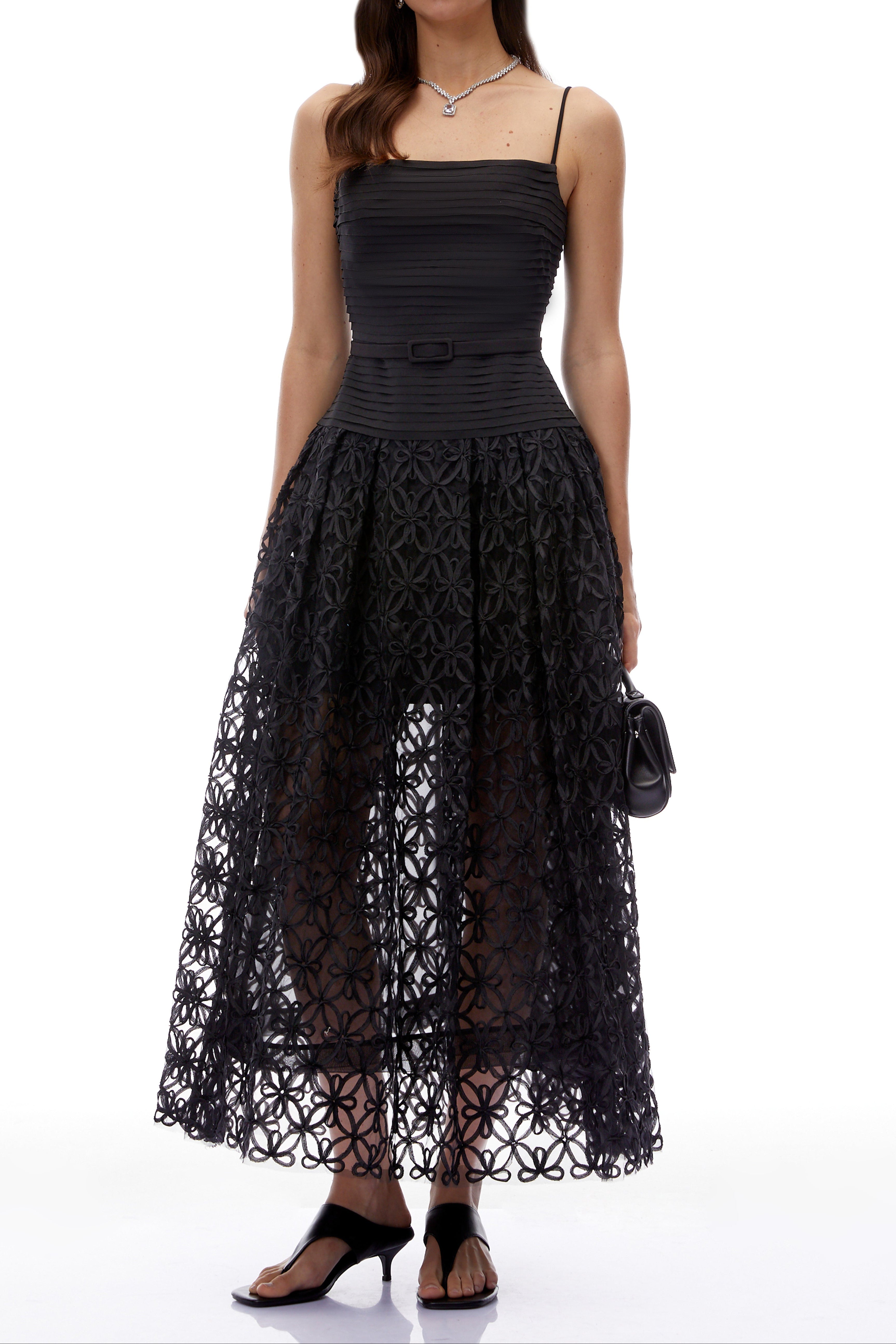 Flowering Girl Women Black Spaghetti Strap Pleated Bodice Floral Cutout Lace Midi Dress