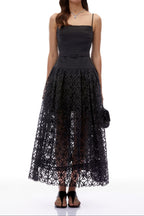 Flowering Girl Women Black Spaghetti Strap Pleated Bodice Floral Cutout Lace Midi Dress