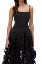 Flowering Girl Women Black Spaghetti Strap Pleated Bodice Floral Cutout Lace Midi Dress