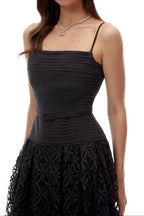 Flowering Girl Women Black Spaghetti Strap Pleated Bodice Floral Cutout Lace Midi Dress