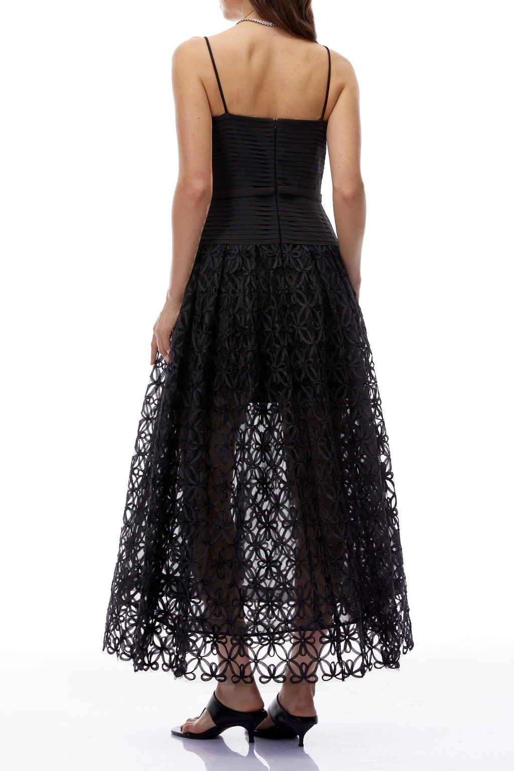 Flowering Girl Women Black Spaghetti Strap Pleated Bodice Floral Cutout Lace Midi Dress