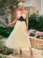 Contrast Ruched Bust Mesh Midi Tube Dress