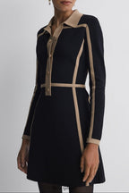 Flowering Girl Women Contrast Trim Press-Stud Mini Dress in Black/Camel