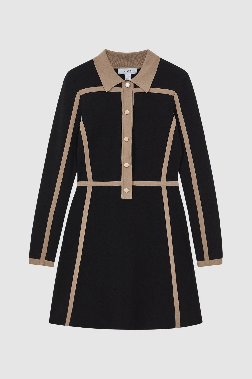 Flowering Girl Women Contrast Trim Press-Stud Mini Dress in Black/Camel