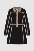 Flowering Girl Women Contrast Trim Press-Stud Mini Dress in Black/Camel