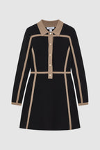 Flowering Girl Women Contrast Trim Press-Stud Mini Dress in Black/Camel
