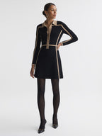 Flowering Girl Women Contrast Trim Press-Stud Mini Dress in Black/Camel