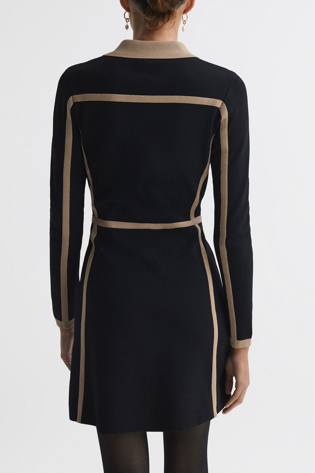 Flowering Girl Women Contrast Trim Press-Stud Mini Dress in Black/Camel