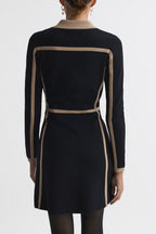 Flowering Girl Women Contrast Trim Press-Stud Mini Dress in Black/Camel