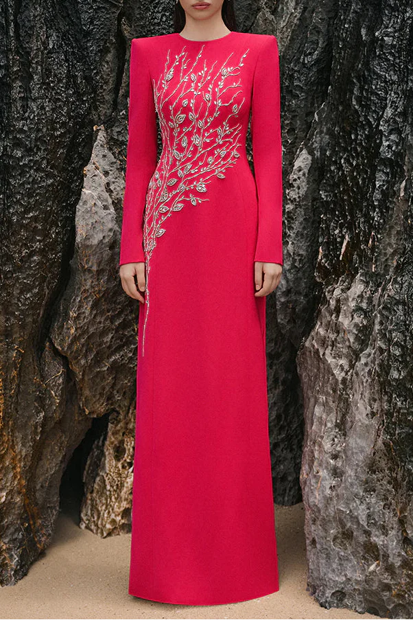 Hilary Red Padded Shoulder Crystal Embellished Straight Maxi Dress