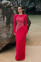 hilary red padded shoulder crystal embellished straight maxi dress