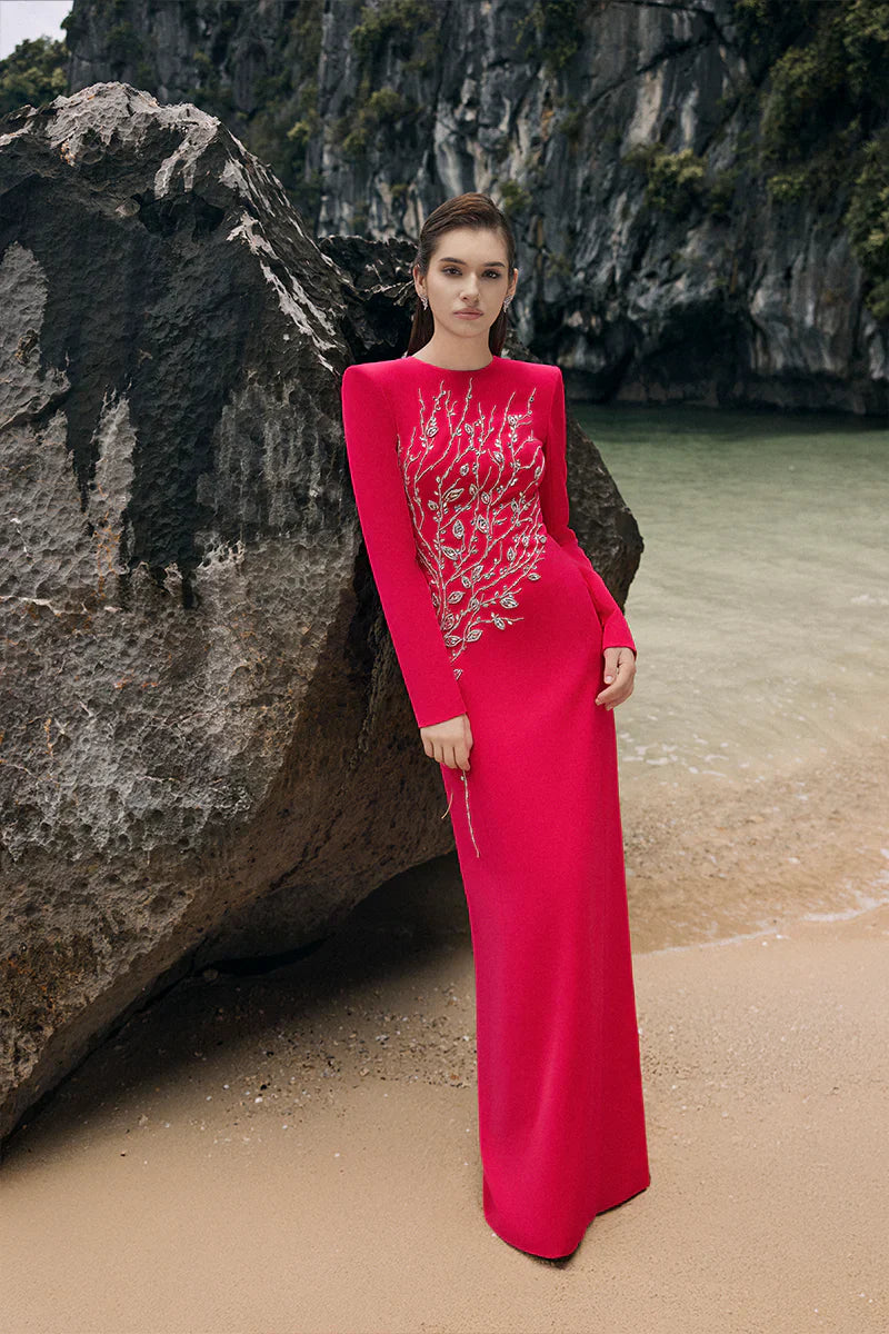 Hilary Red Padded Shoulder Crystal Embellished Straight Maxi Dress