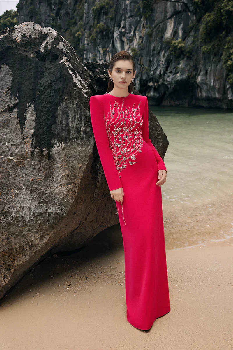hilary red padded shoulder crystal embellished straight maxi dress