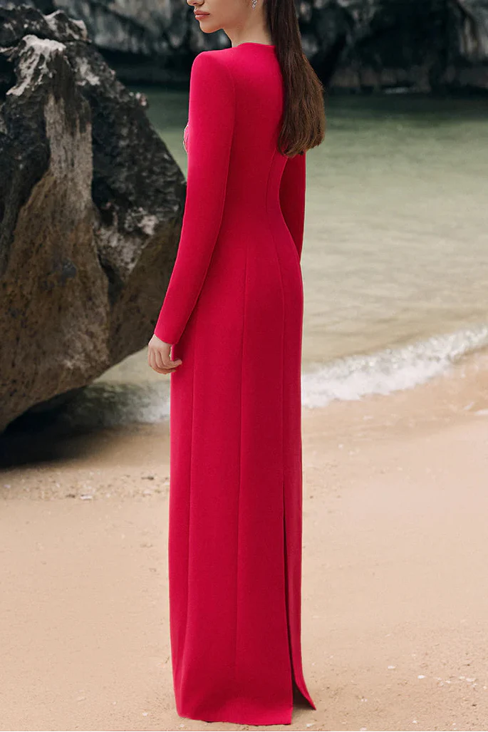 Hilary Red Padded Shoulder Crystal Embellished Straight Maxi Dress