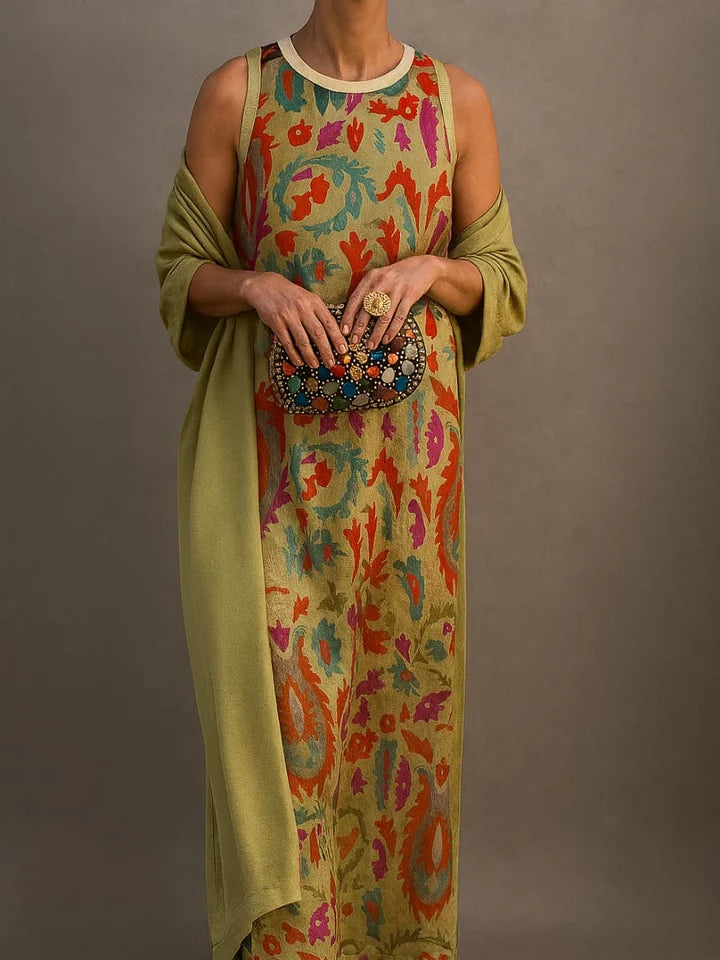 Flowering Girl Women Elegant printed two-piece dress with cape