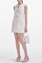 Cream Boucle Bow Mini Dress