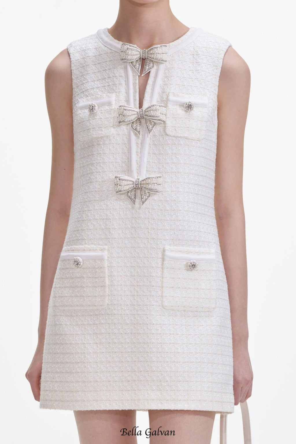 Cream Boucle Bow Mini Dress