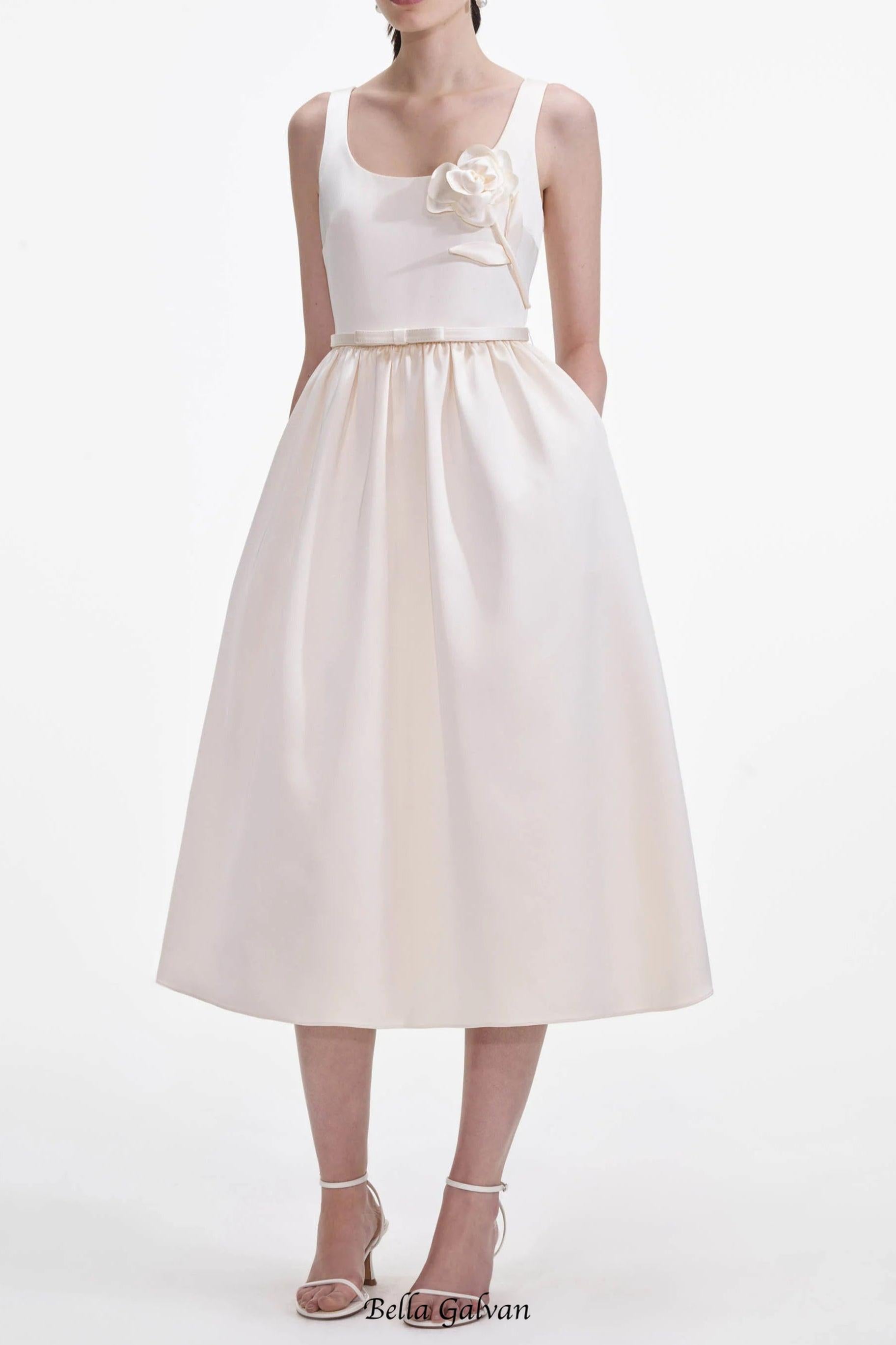 Cream Satin Flower Midi Dress