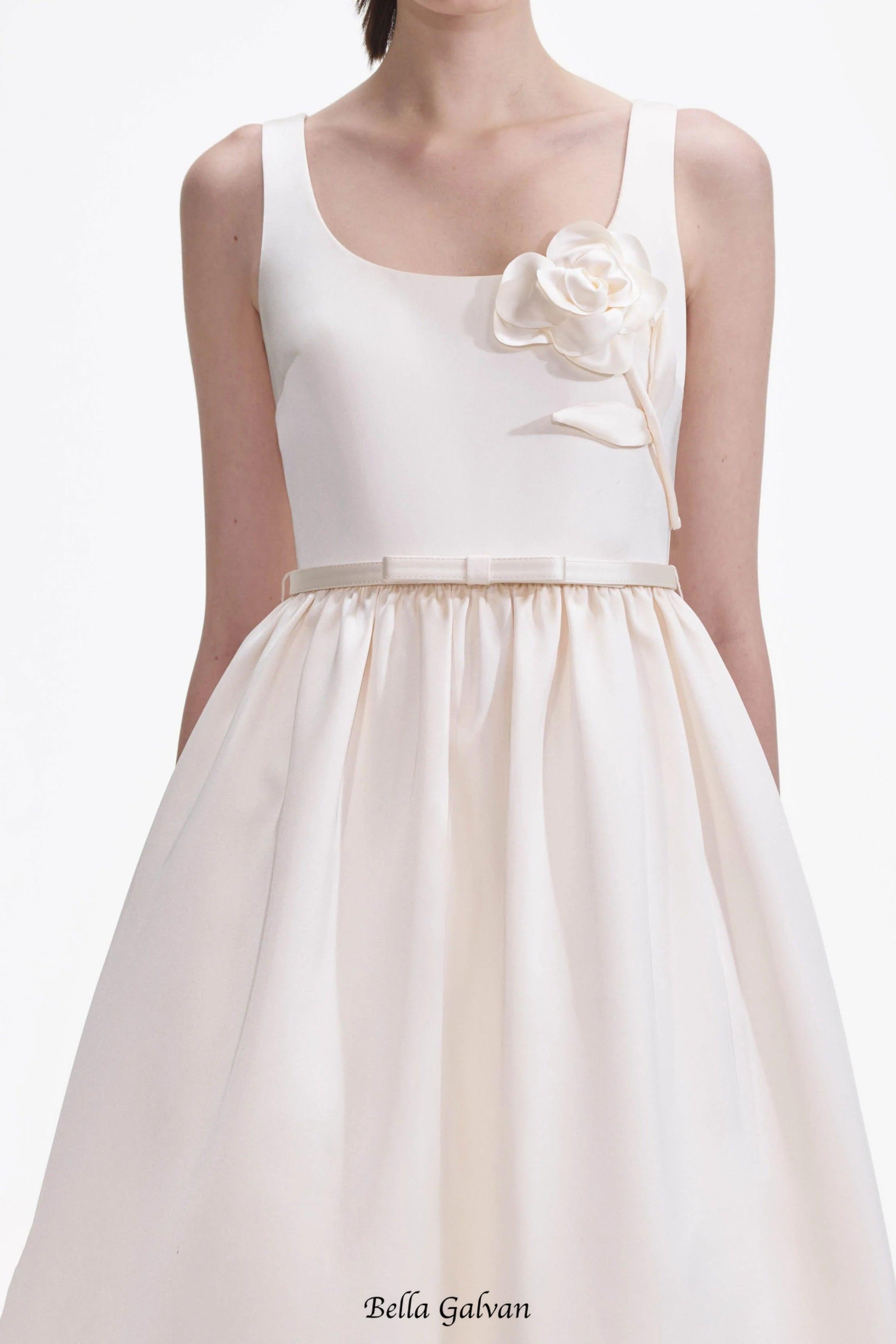 Cream Satin Flower Midi Dress