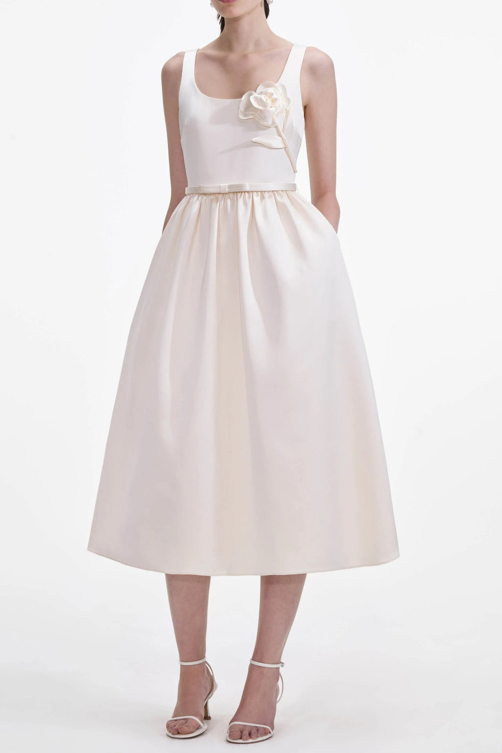 Cream Satin Flower Midi Dress
