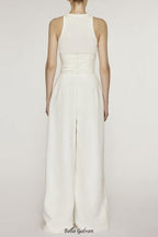 Stretch Sleeveless Tank Top Pleated Pants Set in white