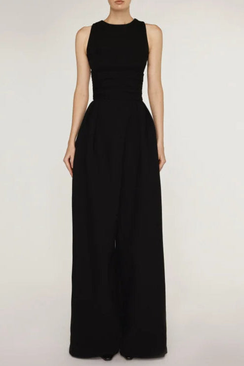 Stretch Sleeveless Tank Top Pleated Pants Set in black