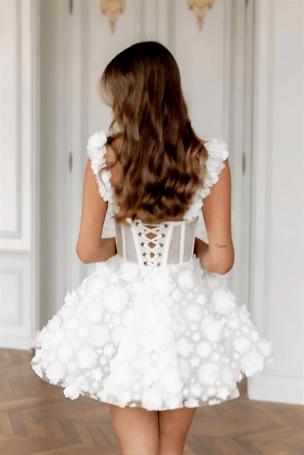 White Flower Lace Embroidery Lace-Up Spaghetti Strap Mini Dress