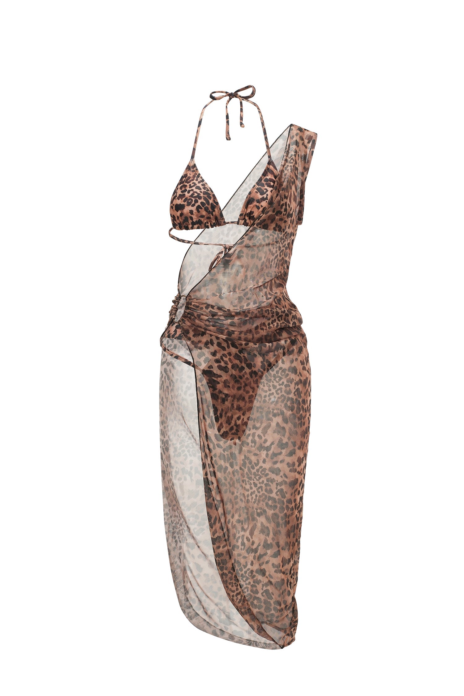 Flowering Girl Women Leopard Print Triangle Bikini & Cutout Ring Side Slit Mesh Cover-Up Midi Dress Set